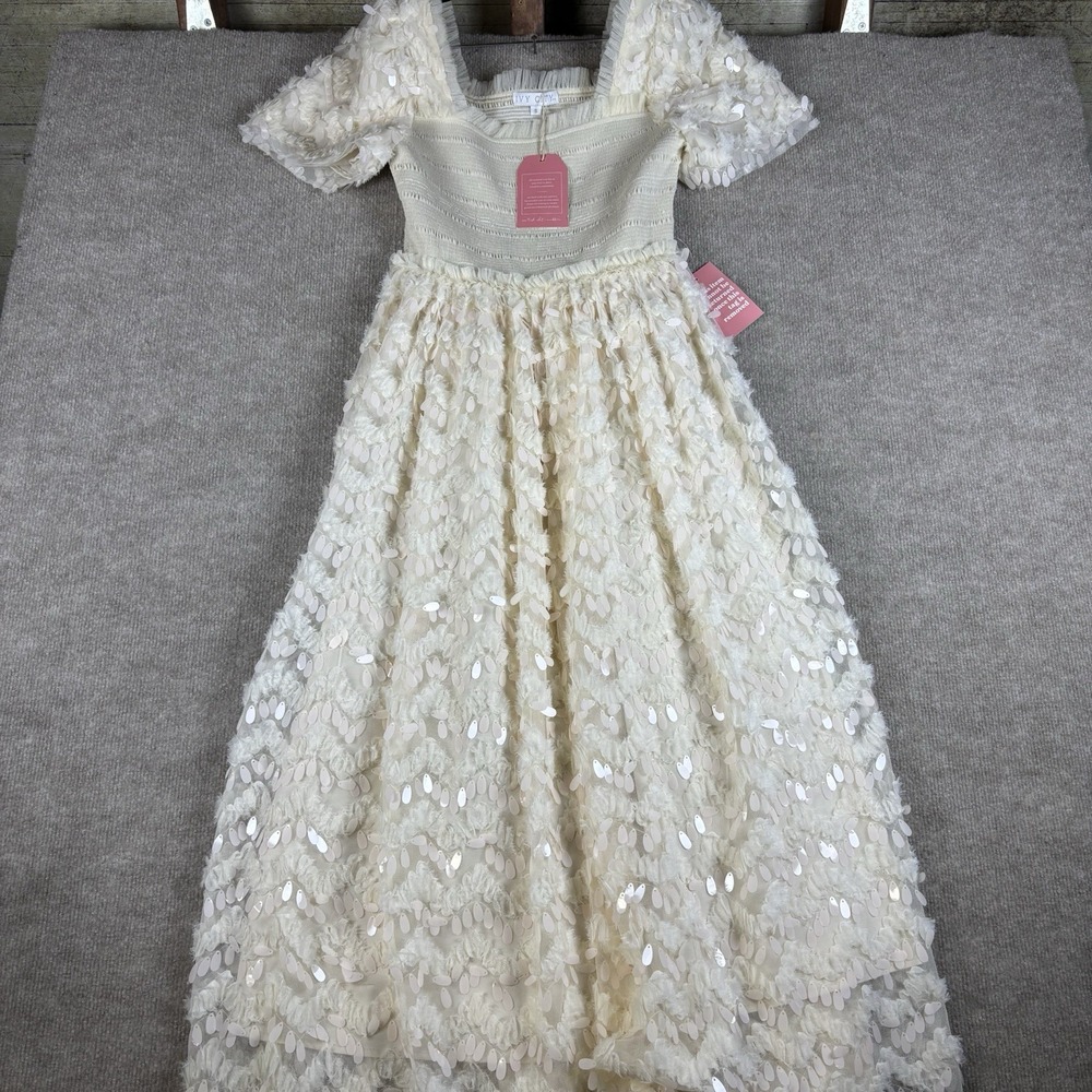 Ivy City Co Cloud Nine Sparkle Dress Ivory Sequin Smocked Maxi Women's S NWT - Picture 15 of 16